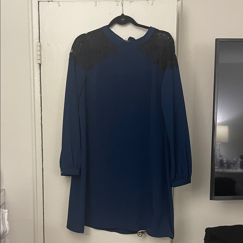 Cece Elegant Blue Dress with Black Lace Accents